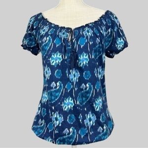 Lucky Brand Blue Top with Elastic Neckline and Tassel Ties
